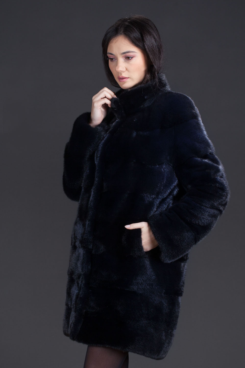 Haină 2 în 1 din blană naturală de vizon- Blue Black - imagine 3