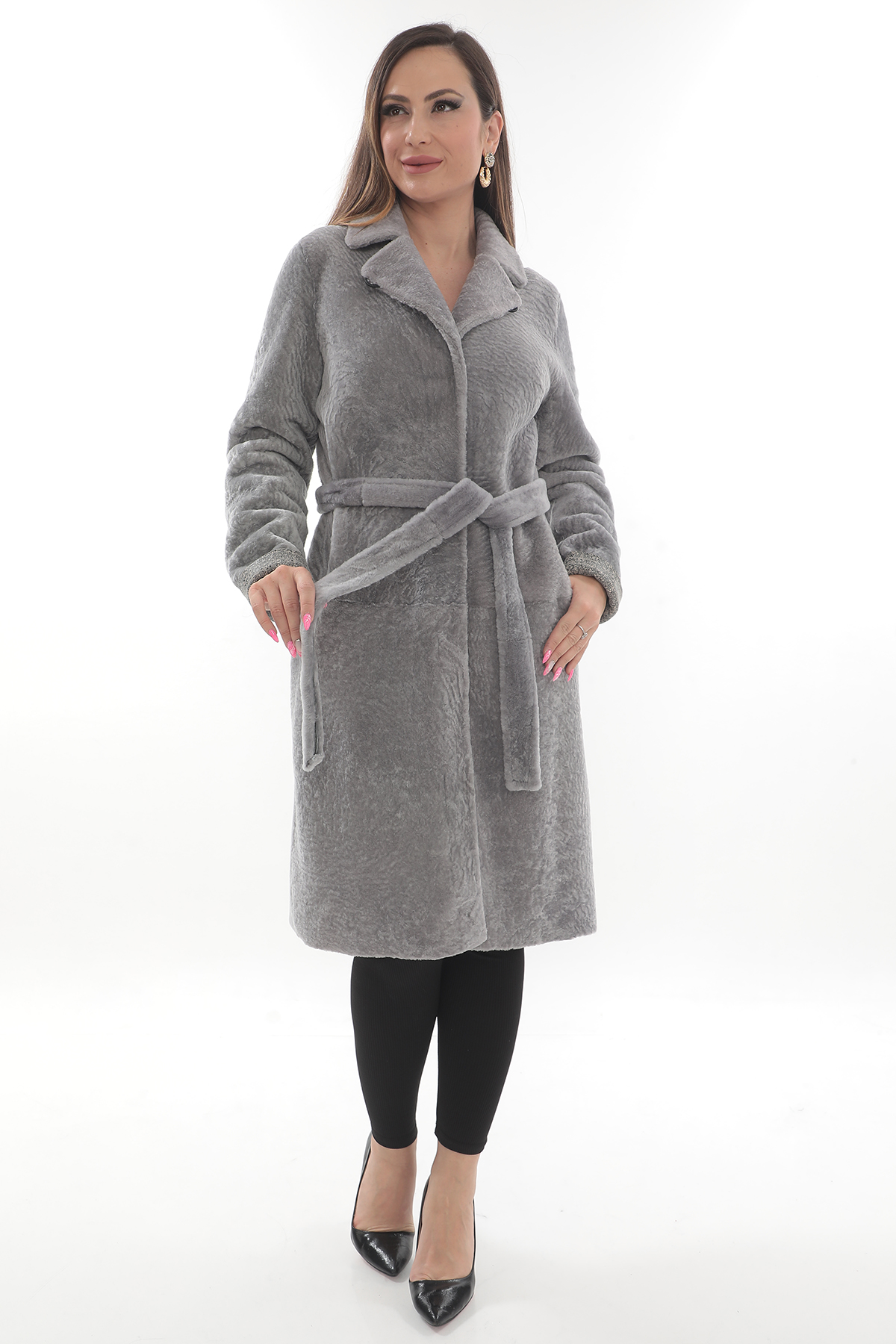 Palton din blană naturală de miel, Gri, 2 in 1