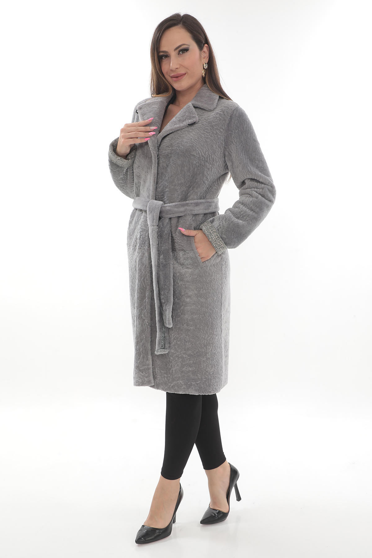 Palton din blană naturală de miel, Gri, 2 in 1 - imagine 3