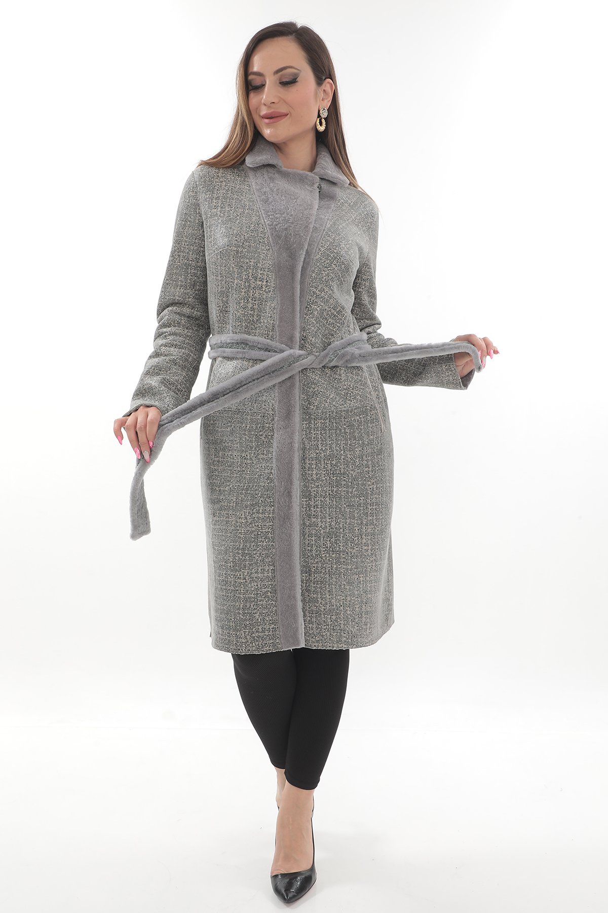 Palton din blană naturală de miel, Gri, 2 in 1 - imagine 4