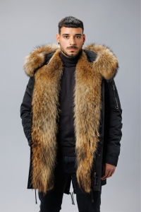 Geacă PARKA barbătească, NEAGRĂ, cu guler din blană naturală detașabil