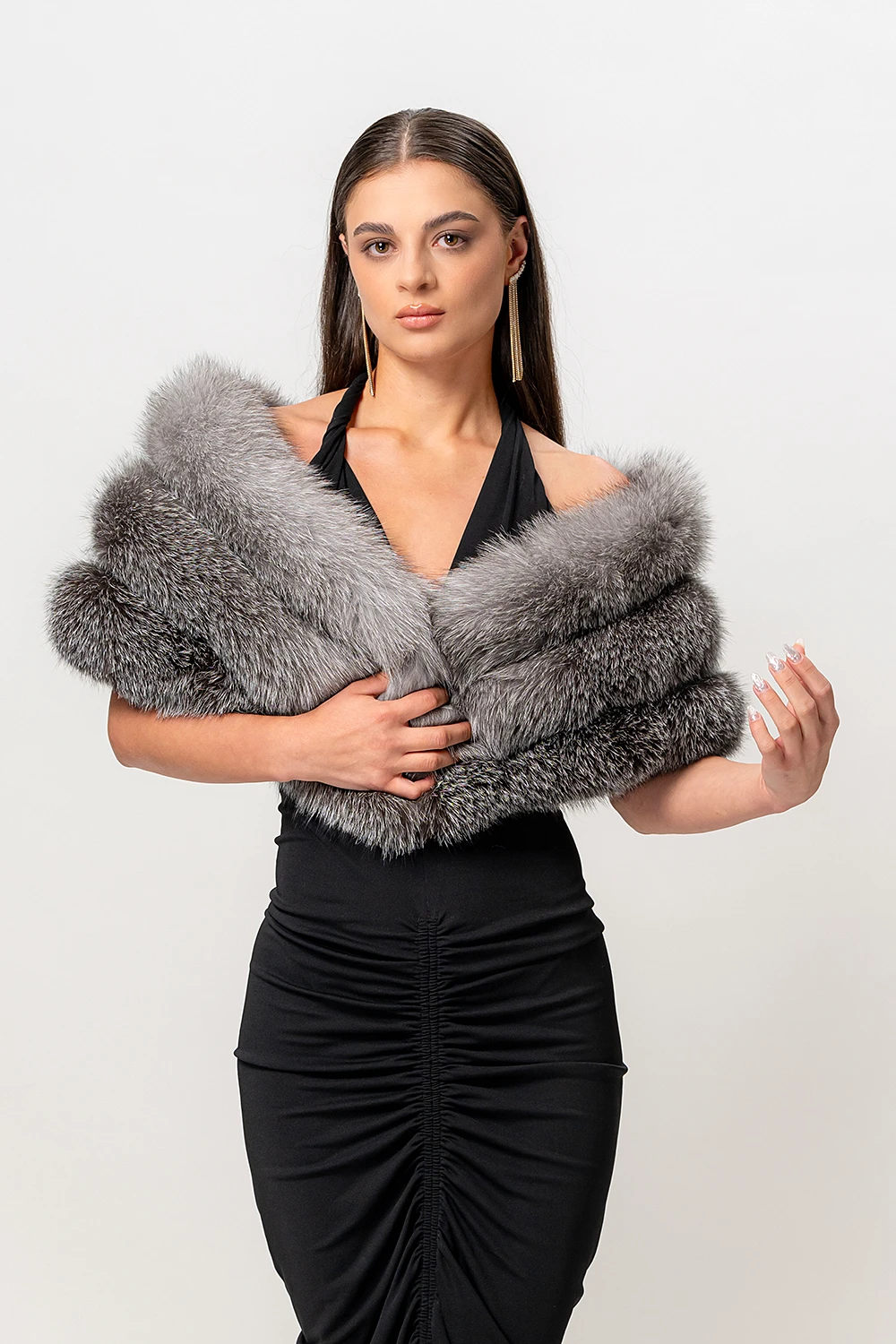 Șal din blană naturală de vulpe polară argintie, BlueFrost