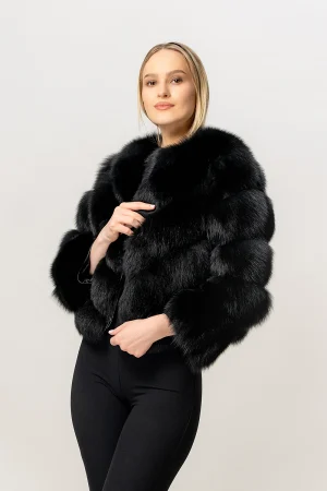 Haină din blană naturală de vulpe polară, model „V”, 2 în 1, culoare Neagră