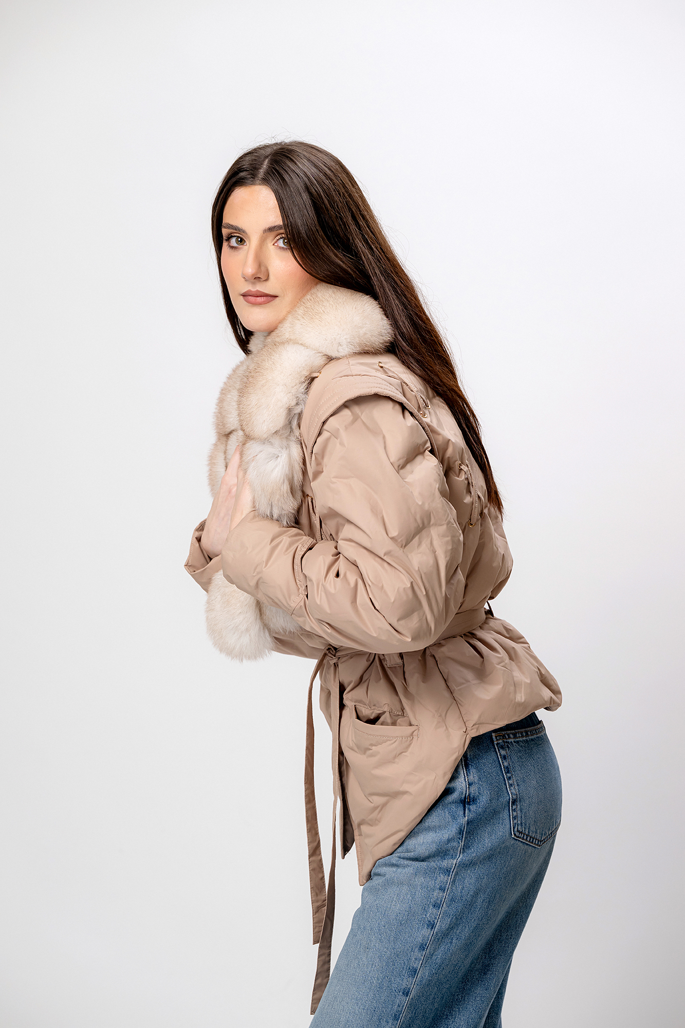 Geacă PARKA damă cu blană naturală de vulpe-culoare Bej - imagine 2