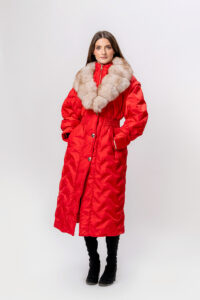 Geacă PARKA de iarnă cu blană naturală de vulpe, model lung, culoare Roșie