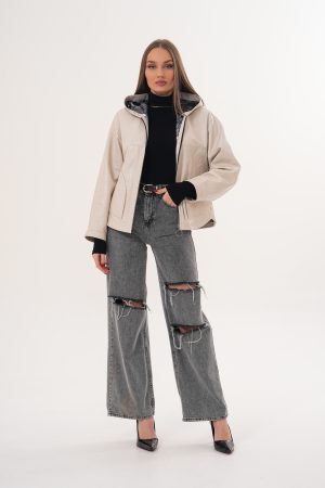 Jachetă damă din piele naturală bej cu glugă, cu două fețe, croi oversize