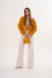 Jacheta damă din piele naturală perforată, model Livia, culoare galben-muștar