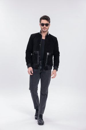 Geacă din piele întoarsă și inserții de Python natural, model Vittorio, culoare neagră